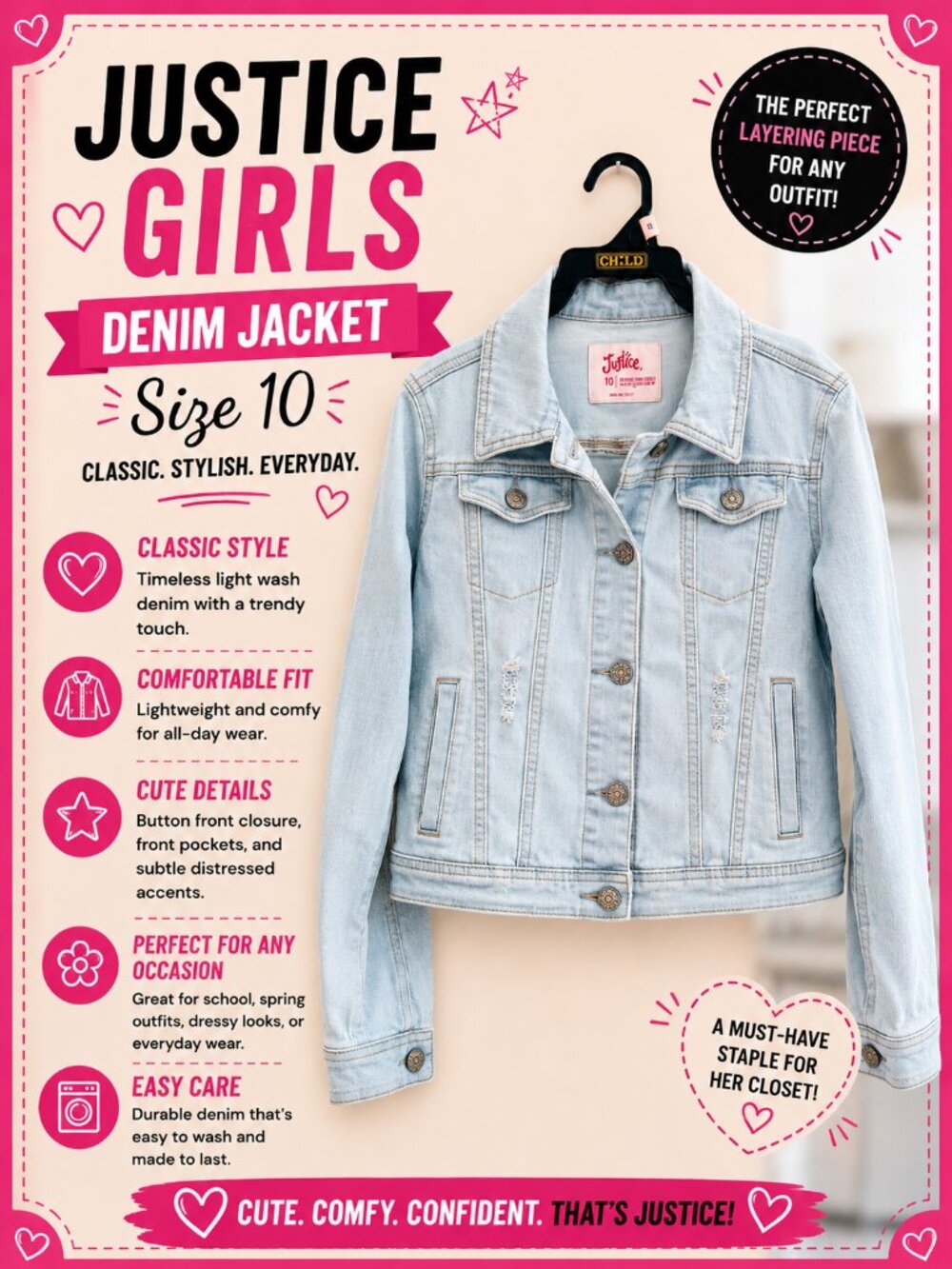 Justice Girls Light Wash Denim Jacket Size 10